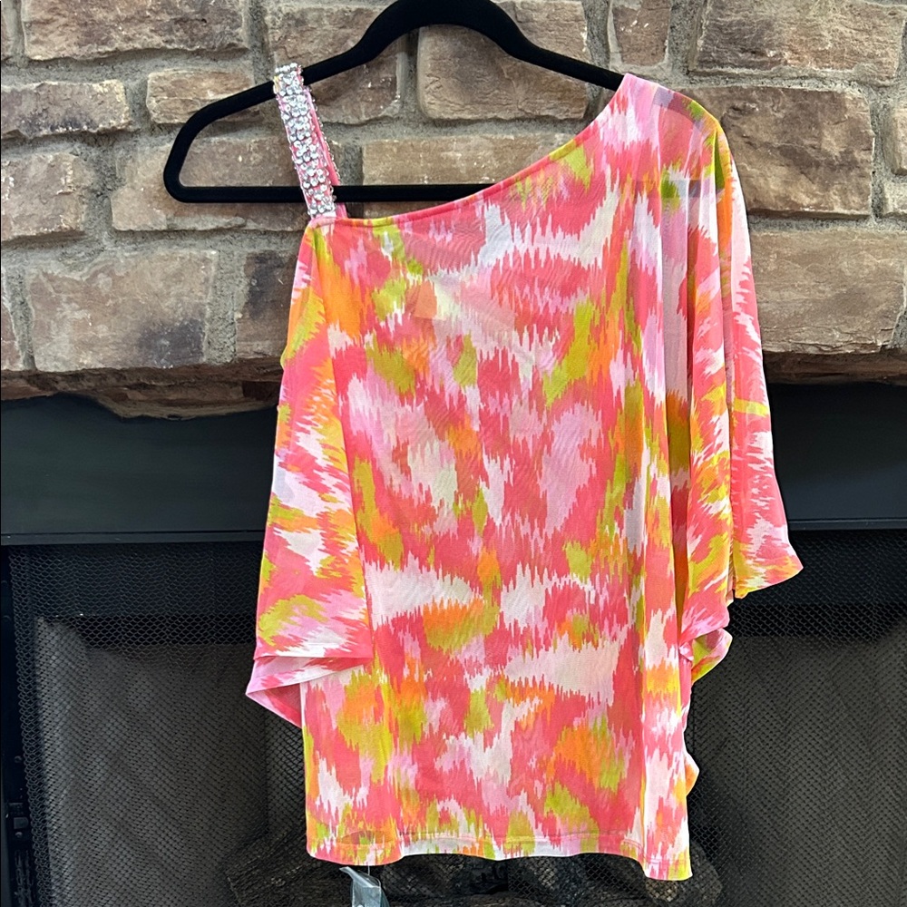 NWT INC Beach One-Cold Shoulder Rhinestone Sleeve Pink and Yellow Lined Blouse